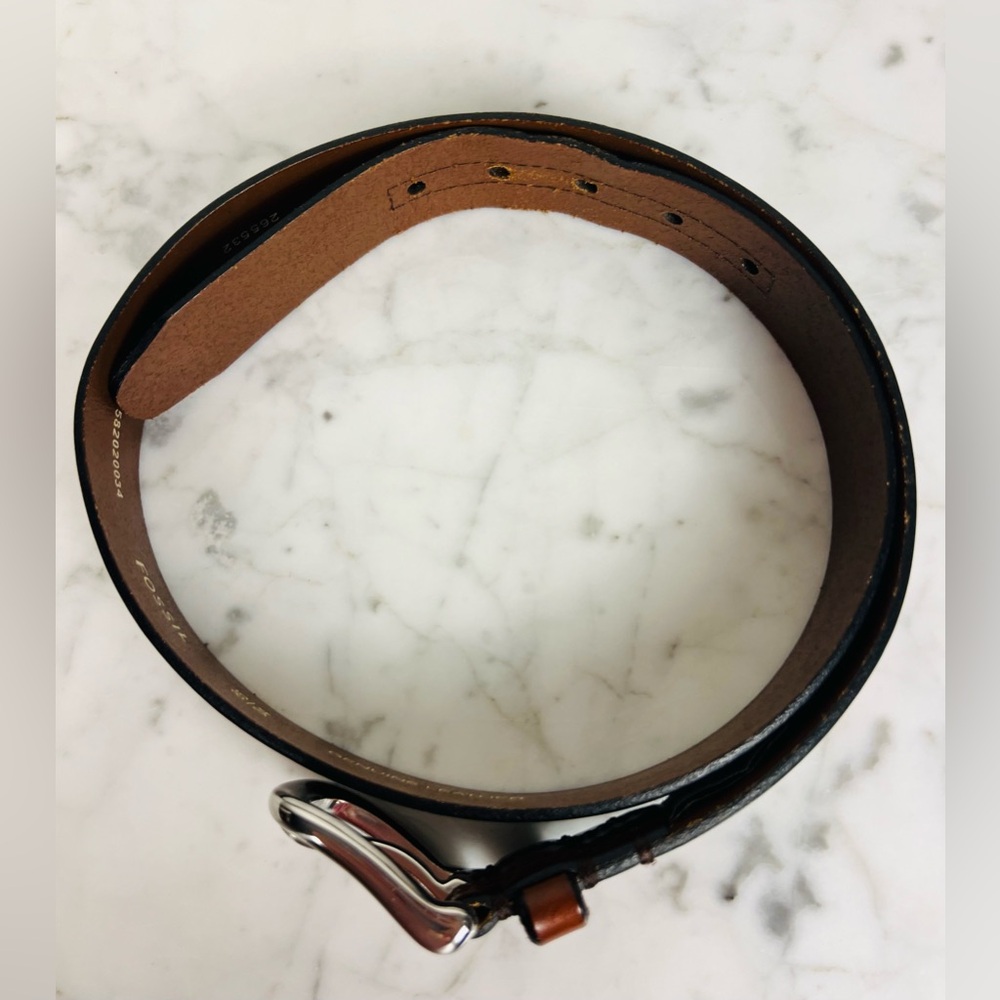 Fossil Genuine Leather Brown Belt | Size 85/34 | Silver Roller Buckle - Picture 3 of 13